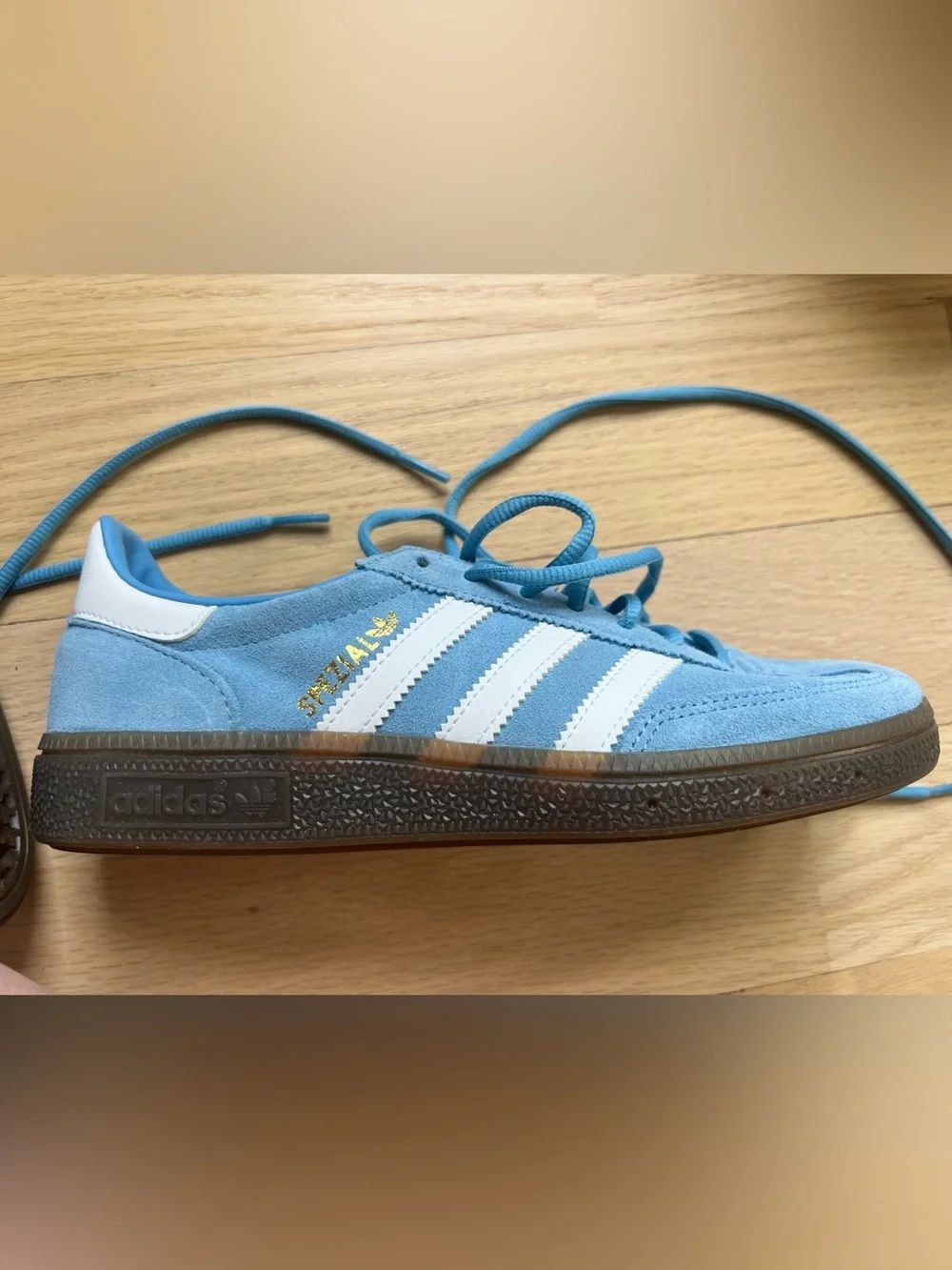 adidas Spezial Suede Sneakers in Sky Blue & White with Brown Gum Sole